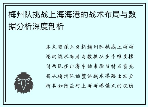 梅州队挑战上海海港的战术布局与数据分析深度剖析